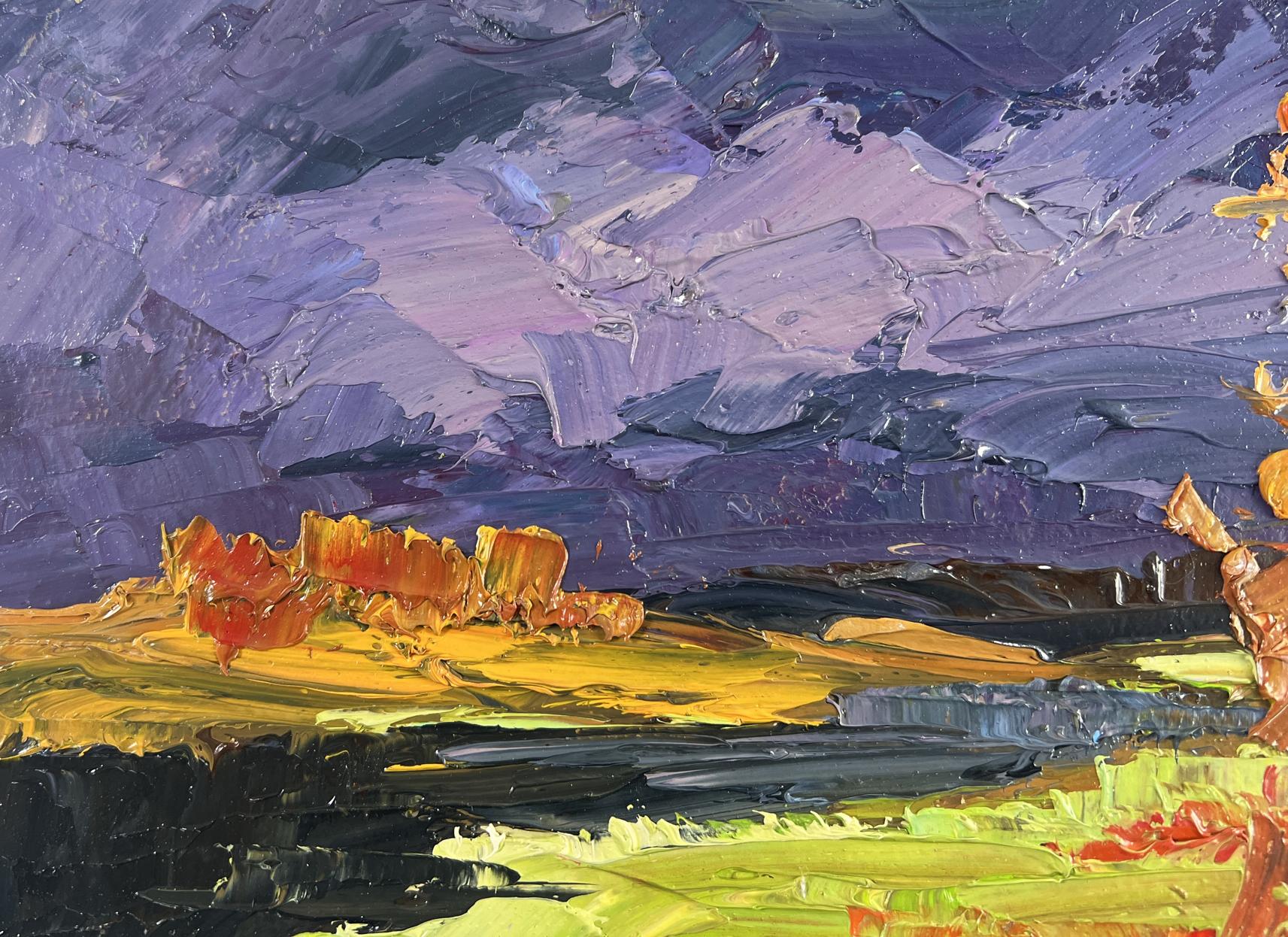 Oil painting Autumn landscape with river by Boris Serdyuk vibrant purples blues sky fiery oranges