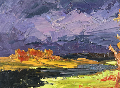 Oil painting Autumn landscape with river by Boris Serdyuk vibrant purples blues sky fiery oranges