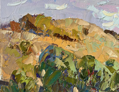 Textured impressionist oil painting of rolling hills by Oksana Ivanyuk