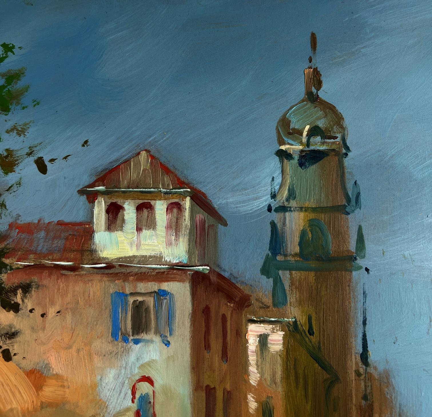 Oil painting of Yuriy Suprunchuk water channels by city walls stone tower
