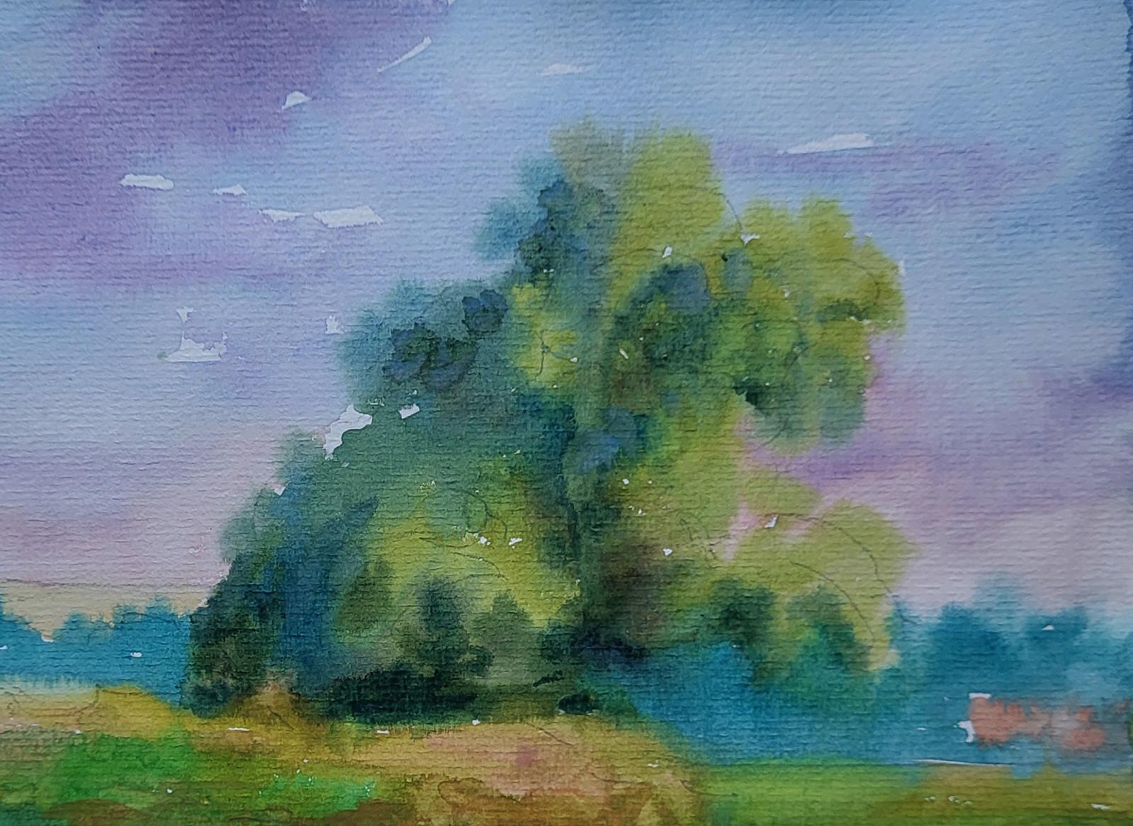 Watercolor painting of lush green tree by Boris Serdyuk, August summer day