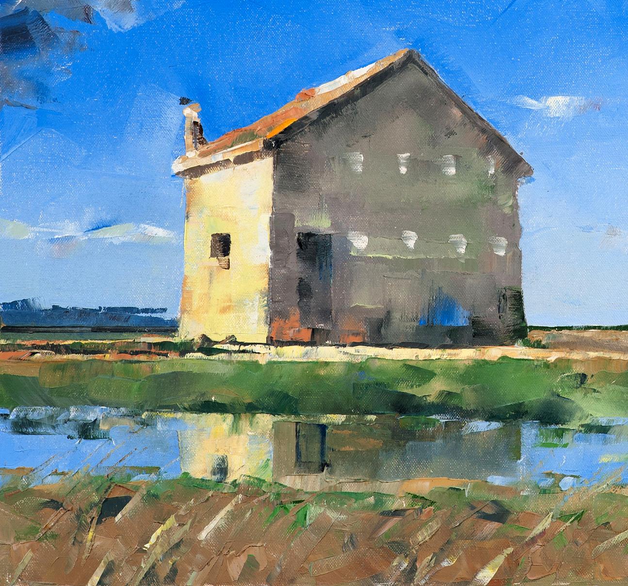 Oil painting Heavenly Mood by Volodymyr Gluhomanyuk: weathered two-toned farmhouse by water