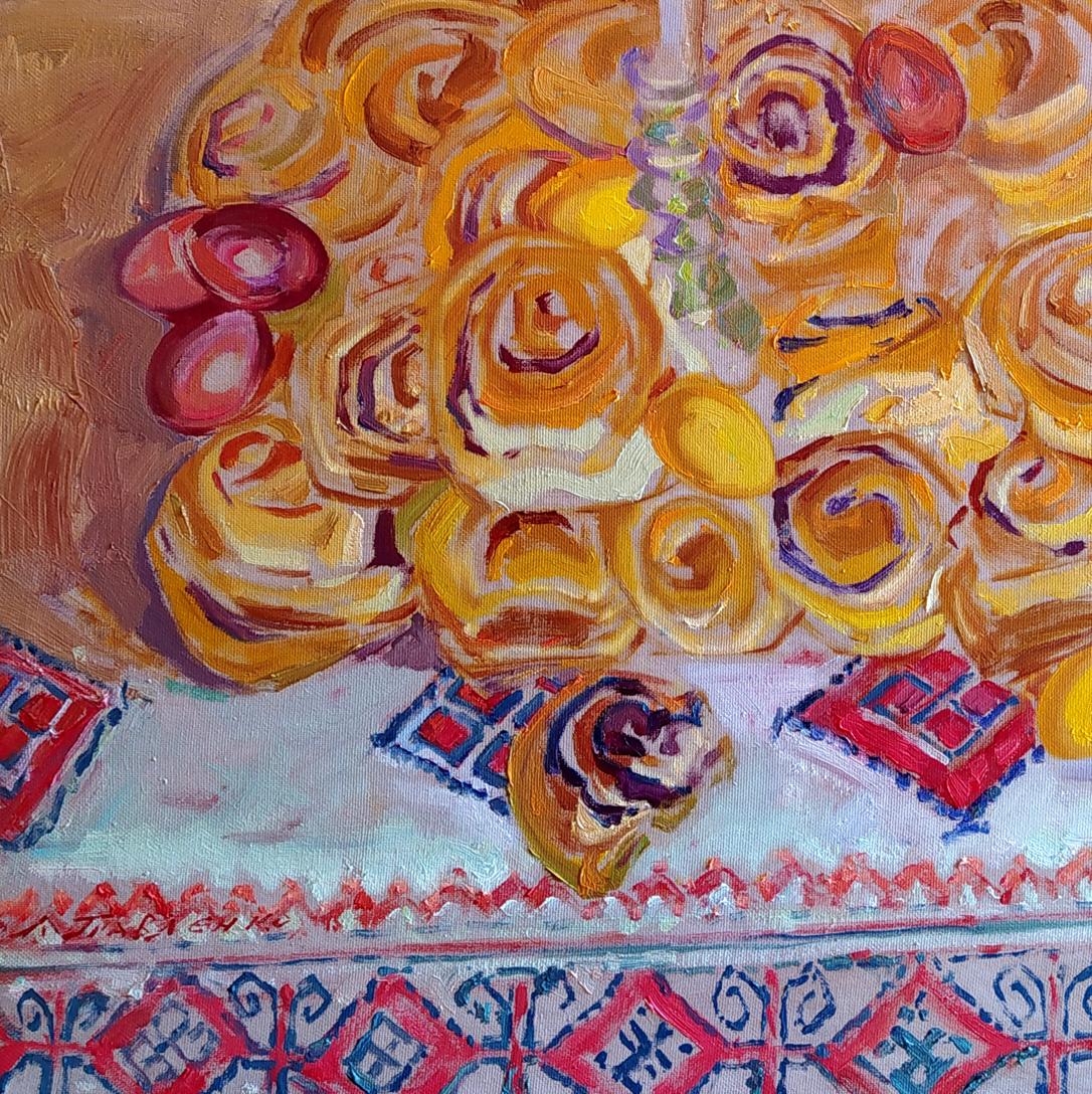 Oil painting of Easter still life cinnamon rolls by Leonid Pavlenko