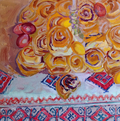 Oil painting of Easter still life cinnamon rolls by Leonid Pavlenko