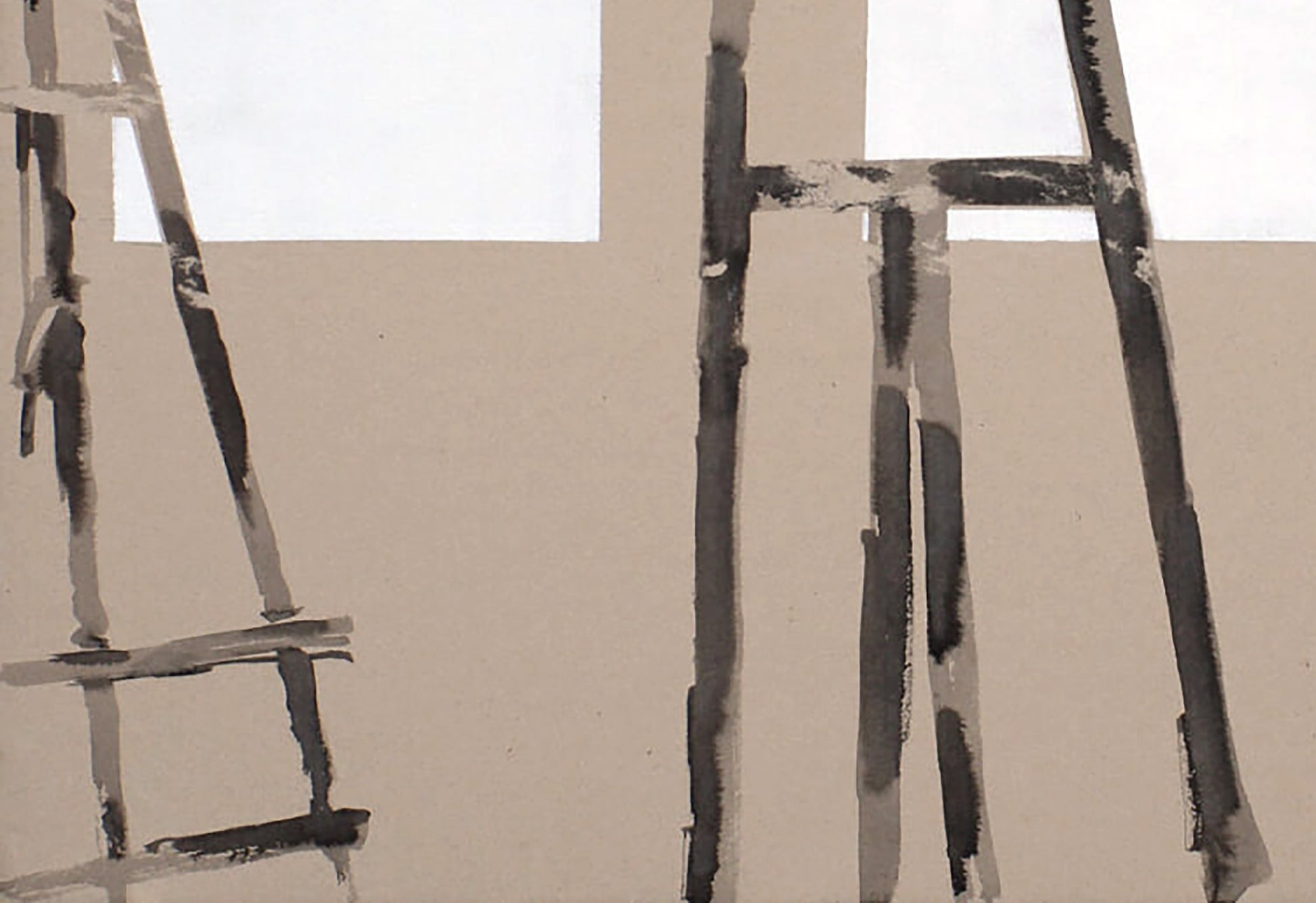 Minimalist abstract acrylic painting by Dima Filatov, black ladder forms on beige