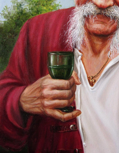 Dark green glass goblet held in hand in Valeriy Bulat oil painting