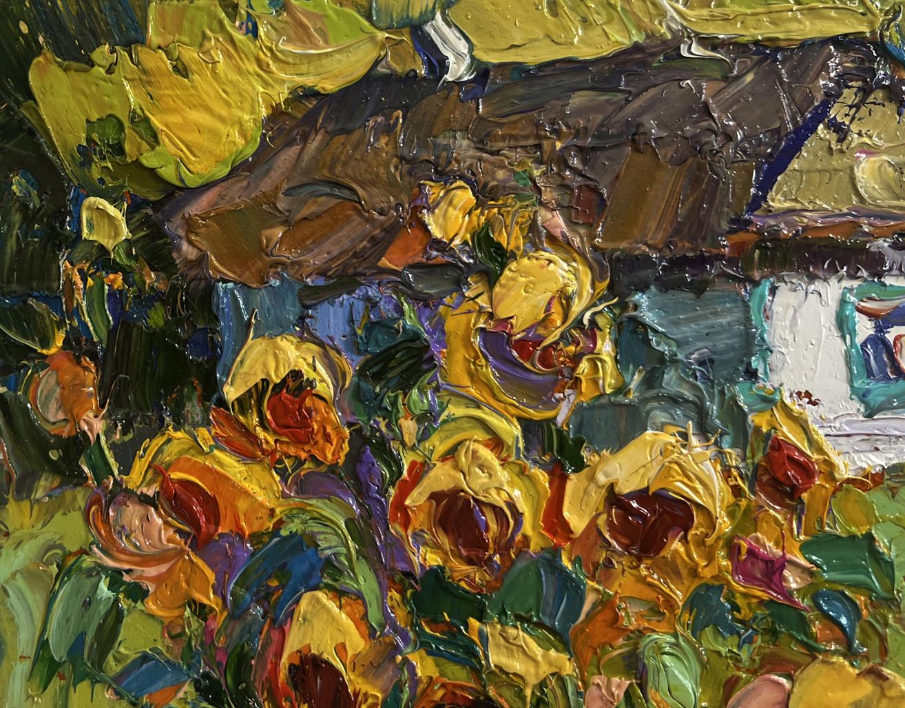 Vibrant yellow orange sunflowers in yard oil painting by Oksana Ivanyuk