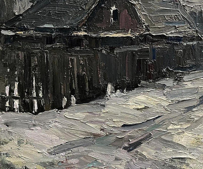 Oil painting Village Lane by Volodymyr Pashchenko, dark textured house