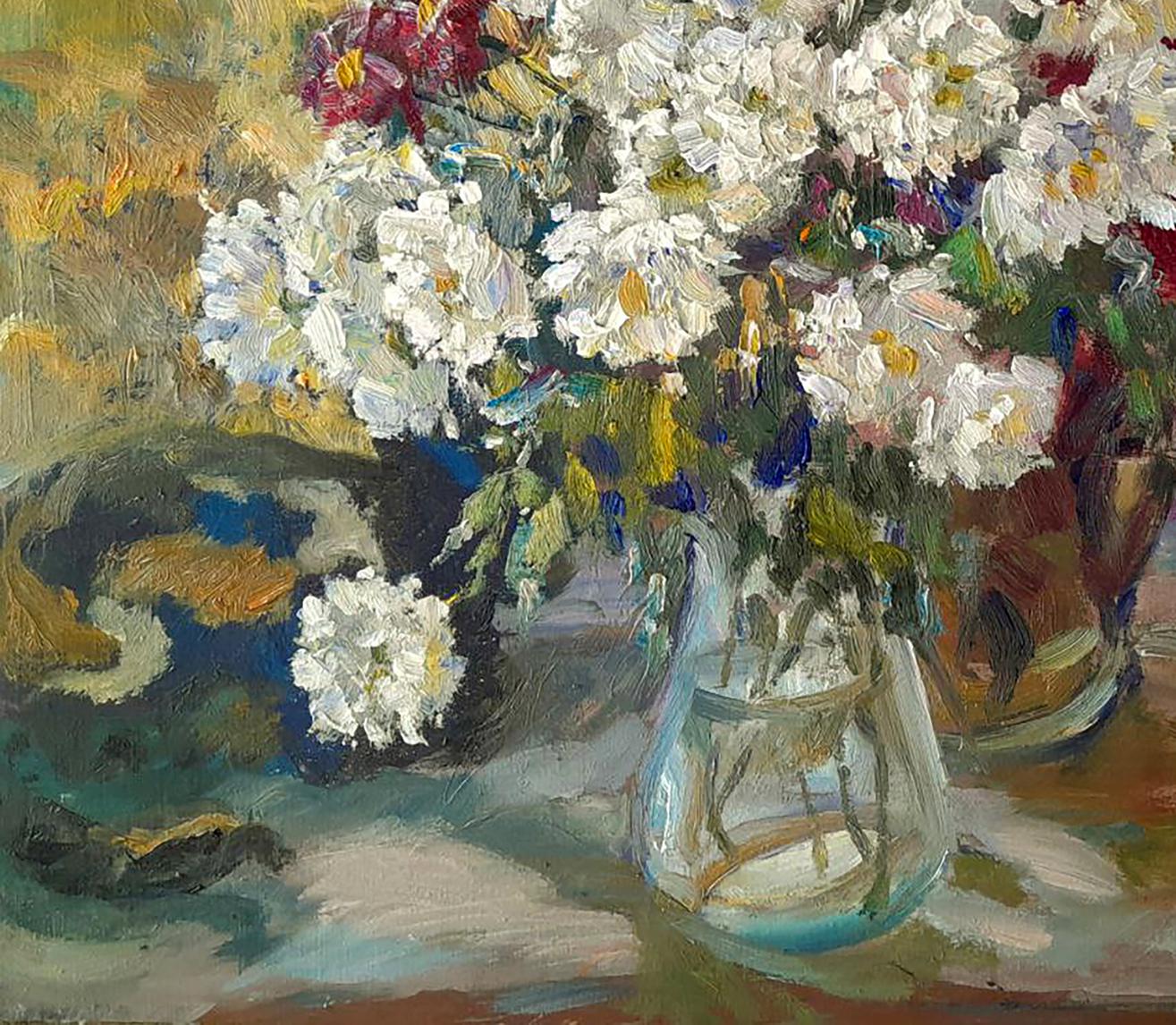 Clear glass vase with vibrant white and red autumn flowers by Ivan Kovalenko