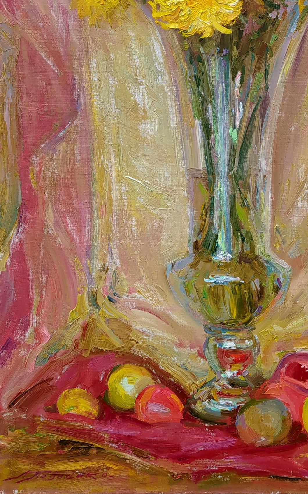 Oil painting Autumn mood by Leonid Pavlenko with yellow flowers in vase