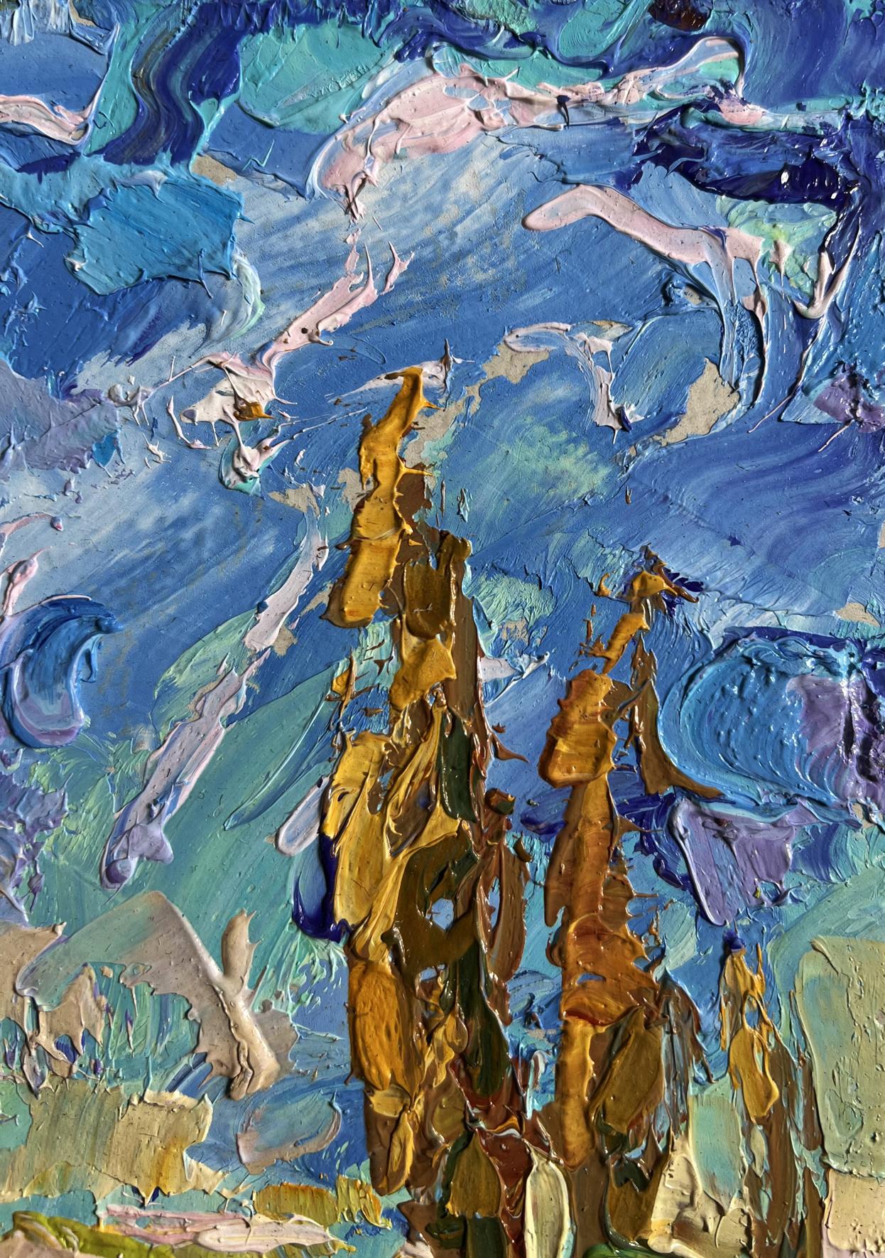 Oil painting Geese in the autumn steppes by Oleksiy Ivanyuk with blue teal gold strokes
