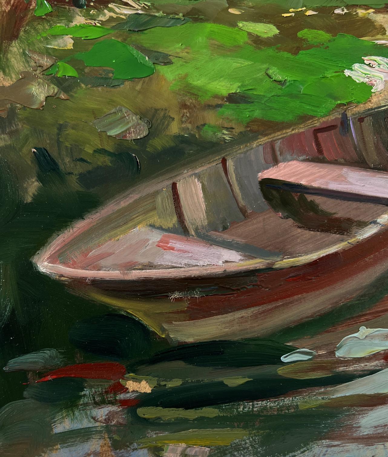 Oil painting of rustic rowboat on calm water by Yuriy Suprunchuk