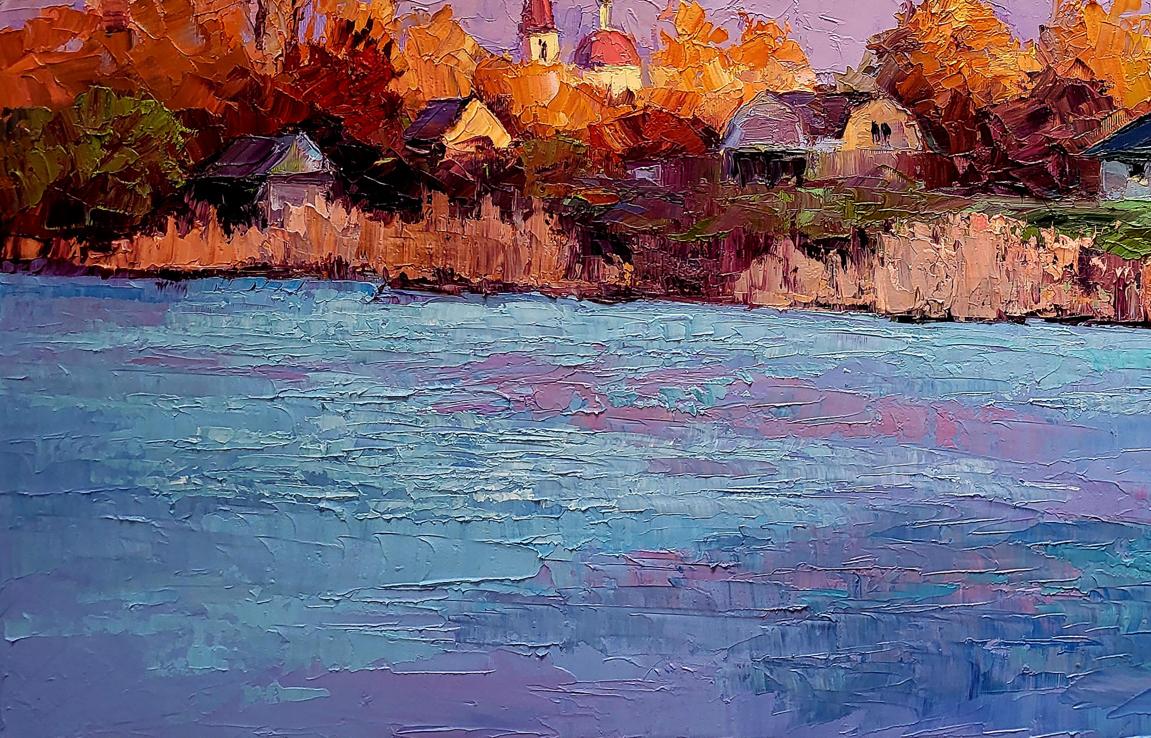 Vibrant impressionist oil painting Behind the River by Boris Serdyuk, lakeside village scene