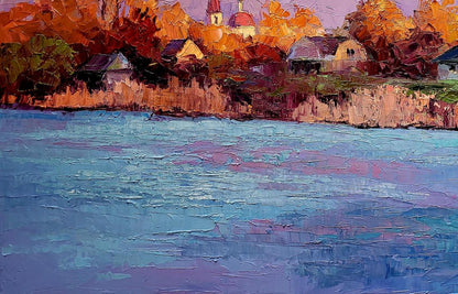 Vibrant impressionist oil painting Behind the River by Boris Serdyuk, lakeside village scene