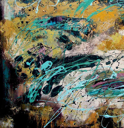 Oil painting by Tatyana Shulyak with teal, gold, black, purple splashes
