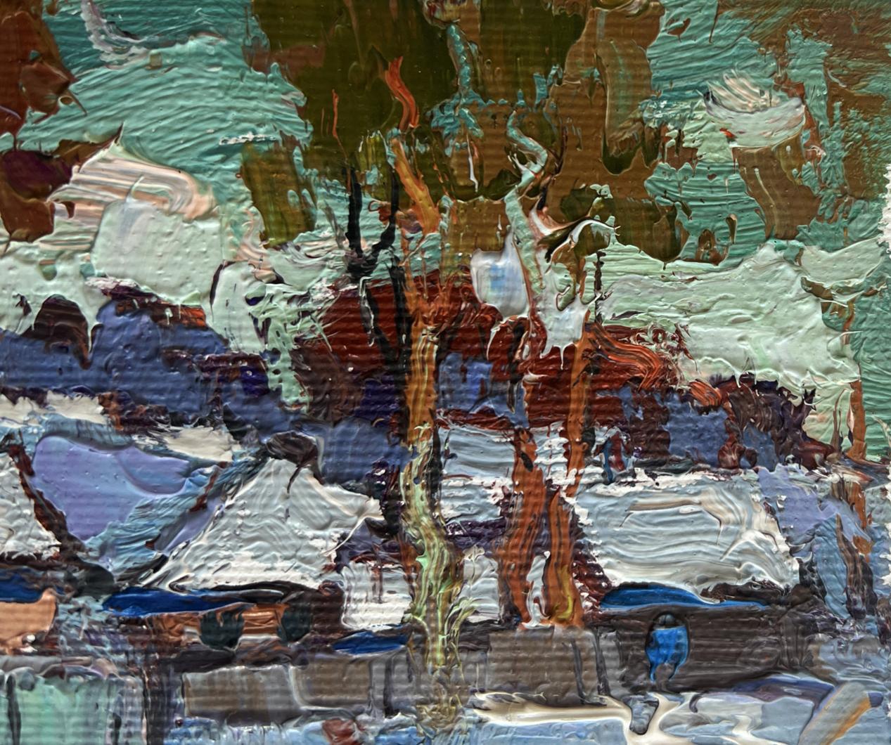 Abstract teal brown white blue textured oil painting The village was covered in snow by Oksana Ivanyuk