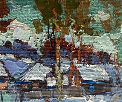 Abstract teal brown white blue textured oil painting The village was covered in snow by Oksana Ivanyuk