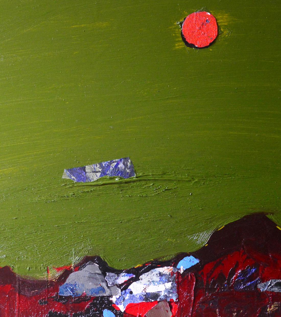 Oil painting Red Evening Mountains by Natalia Korf-Ivaniuk with bold red circle
