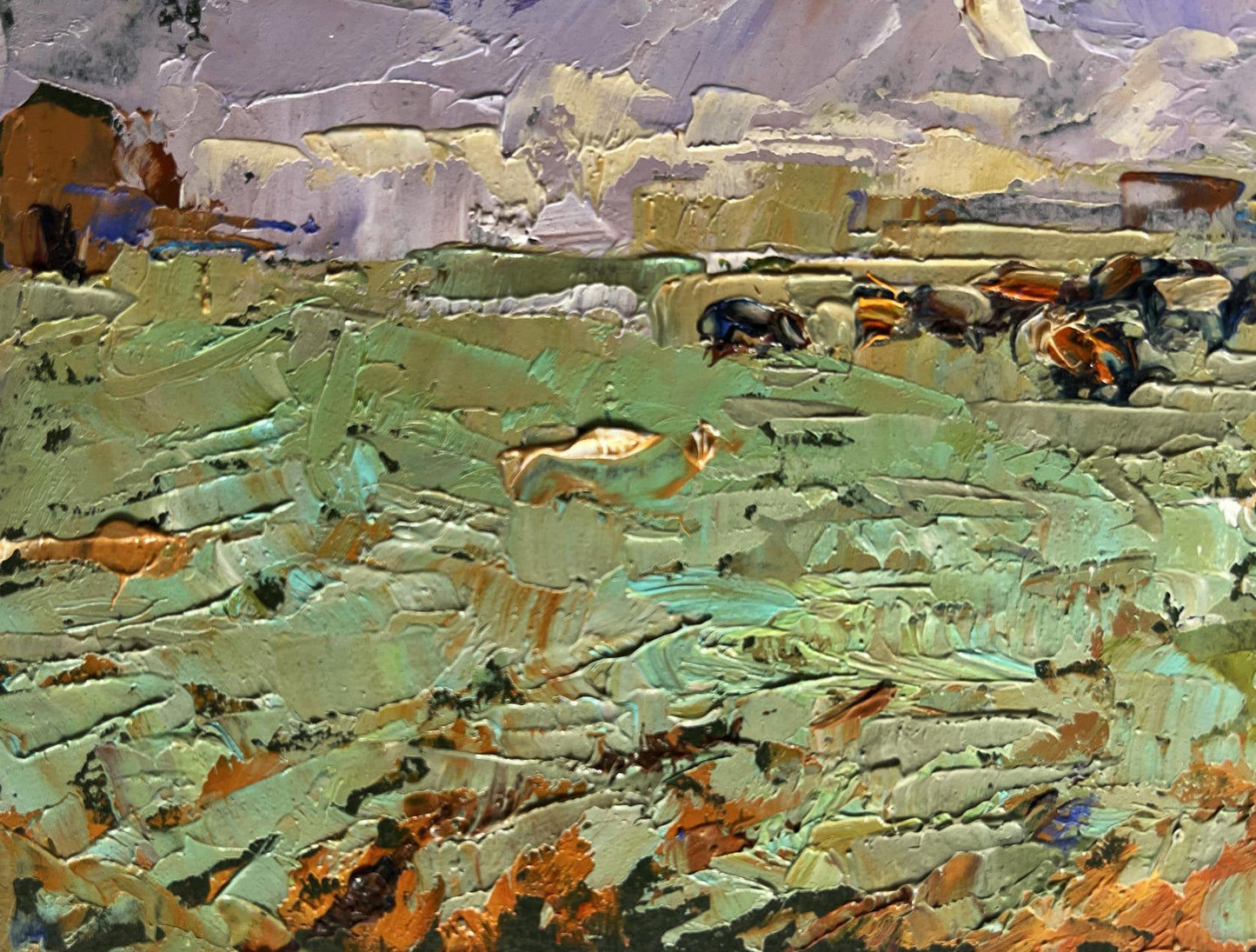 Impasto oil painting Shepherd in the field by Oleksiy Ivanyuk with green hills