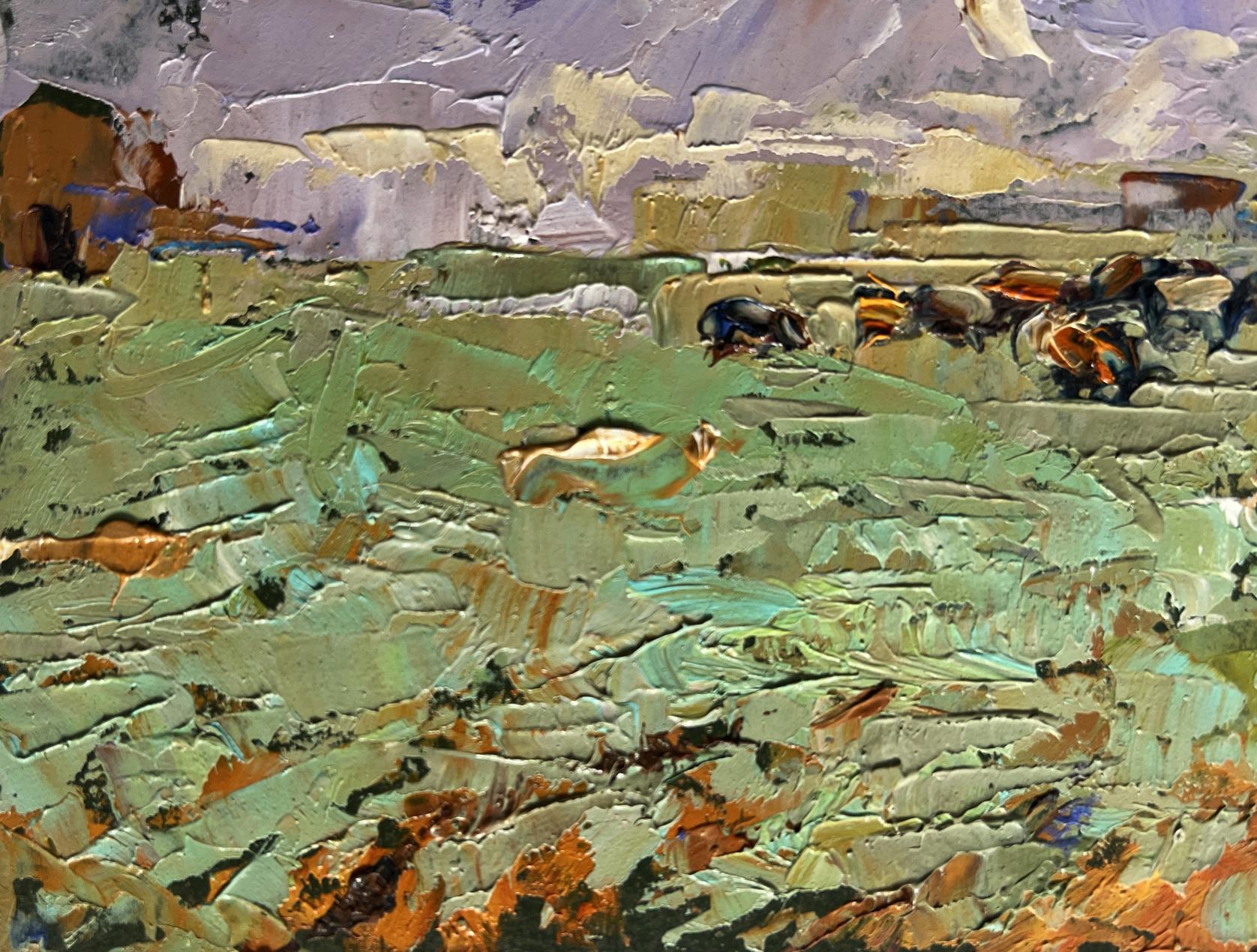 Impasto oil painting Shepherd in the field by Oleksiy Ivanyuk with green hills