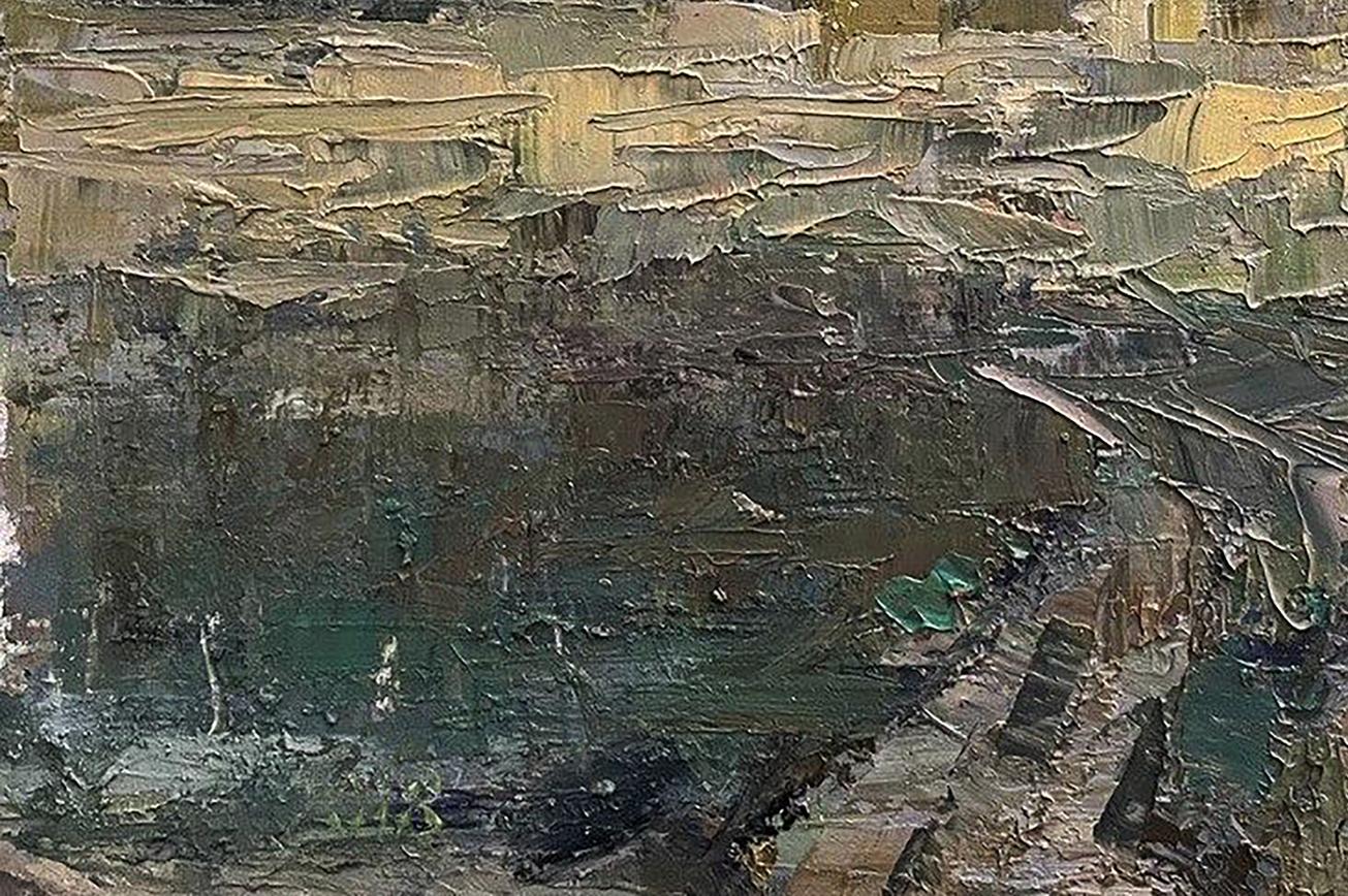 Oil painting On the Glade by Volodymyr Pashchenko, textured impasto in earthy tones