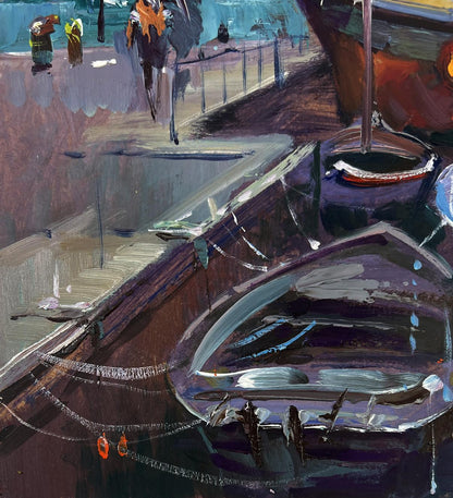 Oil painting of glossy dark purple boats at city pier by Yuriy Suprunchuk