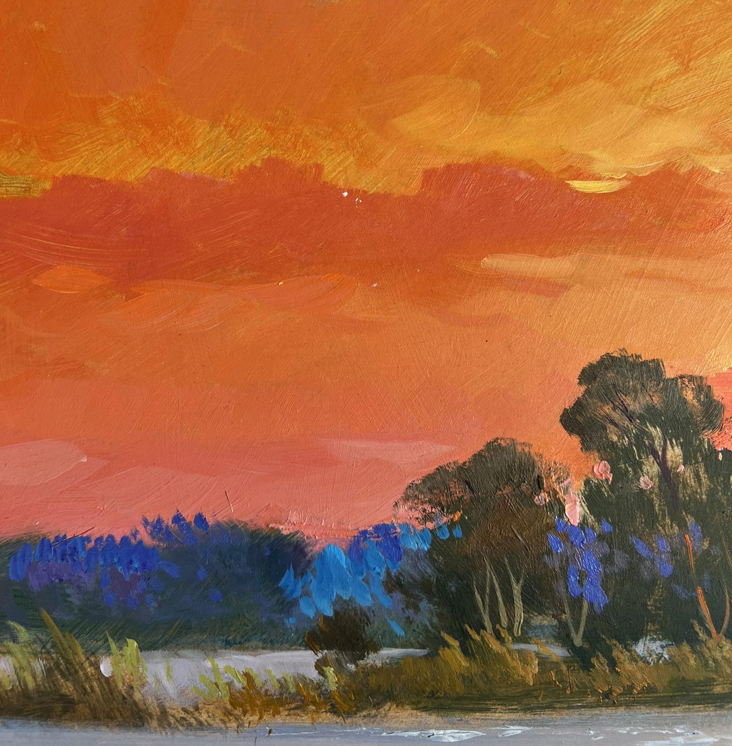 Vibrant oil painting Mesmerizing Crimson Sunset by Yuriy Suprunchuk