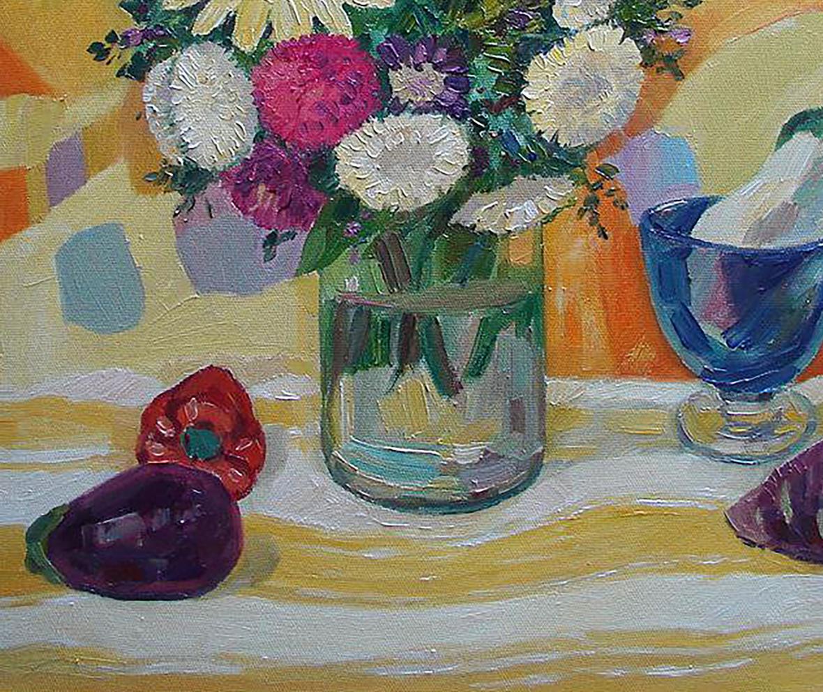 Oil painting of vibrant mixed flowers in glass vase by Tatyana Shulyak