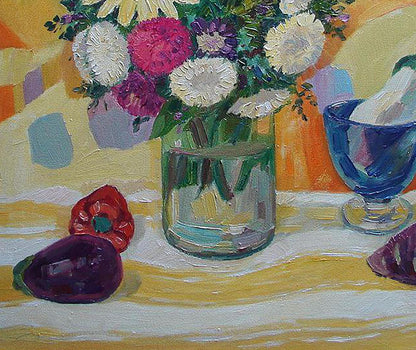 Oil painting of vibrant mixed flowers in glass vase by Tatyana Shulyak