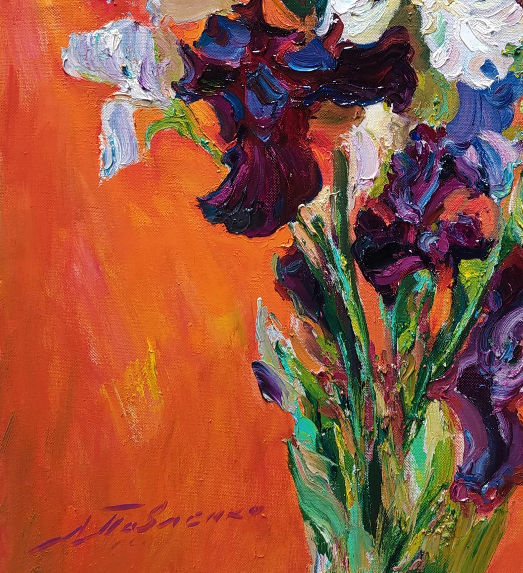 Vibrant impressionist oil painting of irises on orange by Leonid Pavlenko