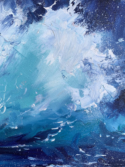 Abstract teal blue white sea wavy breeze oil painting by Tatyana Derdey