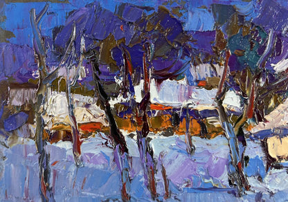 Vibrant impressionist oil painting Moonlight winter light by Oksana Ivanyuk