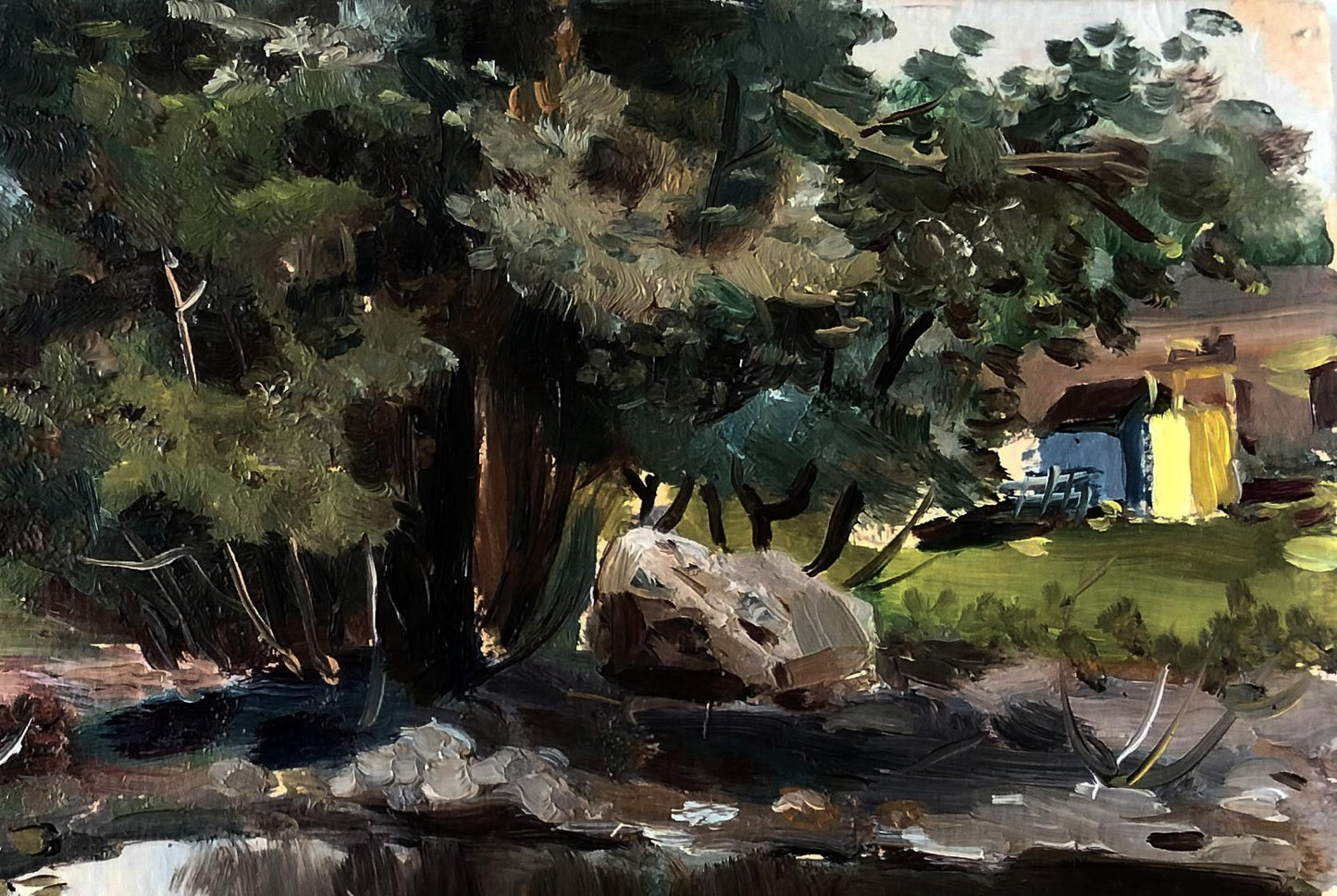 Oil painting Evening by the river by Vitaly Duhnevich with large tree