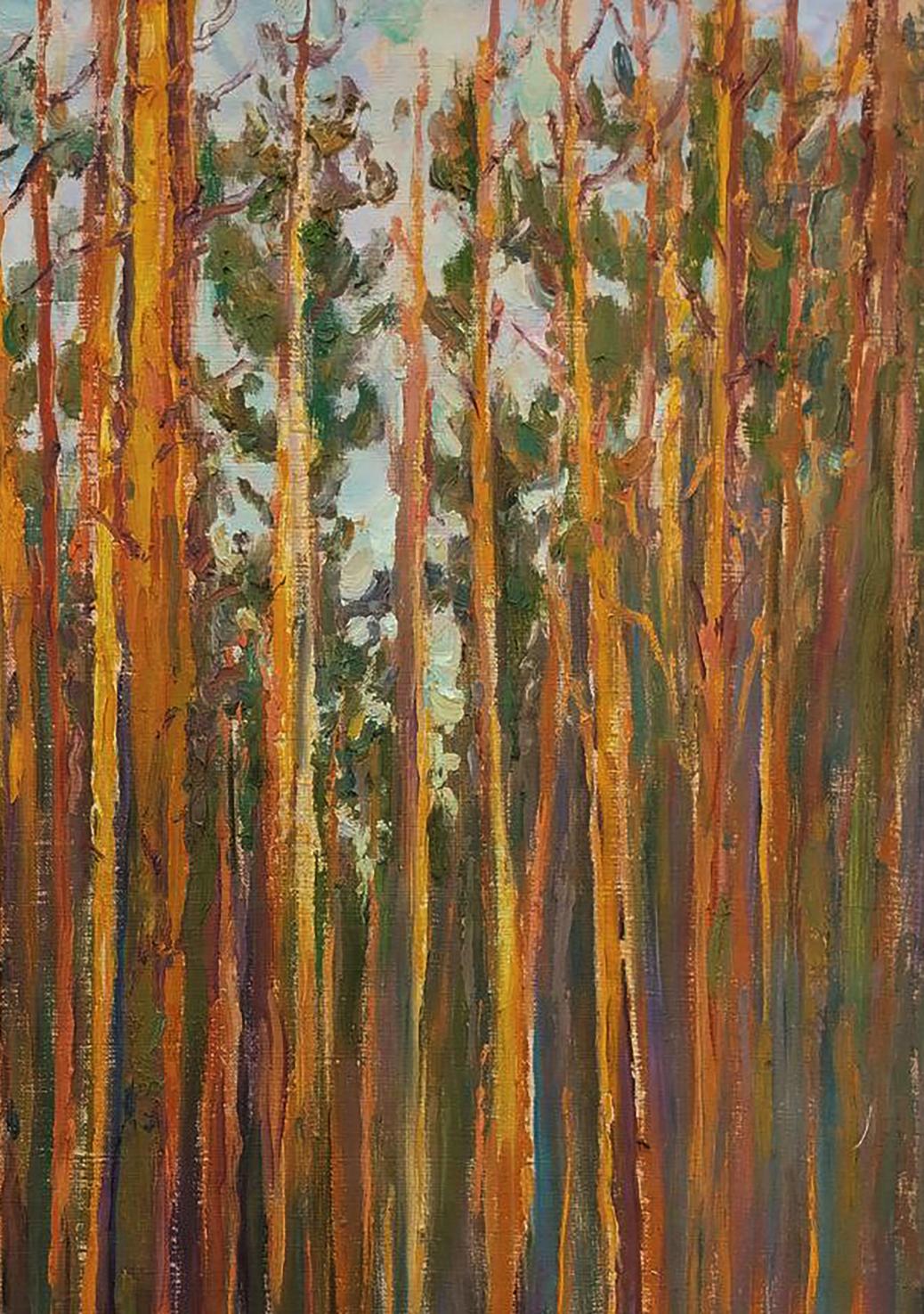 Oil painting of pine forest by Leonid Pavlenko, tall trees blue sky