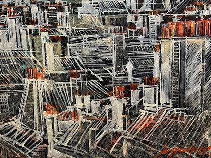 Oil painting Farnes by Serhiy Kovalev: abstract cityscape in black, white, rust-orange