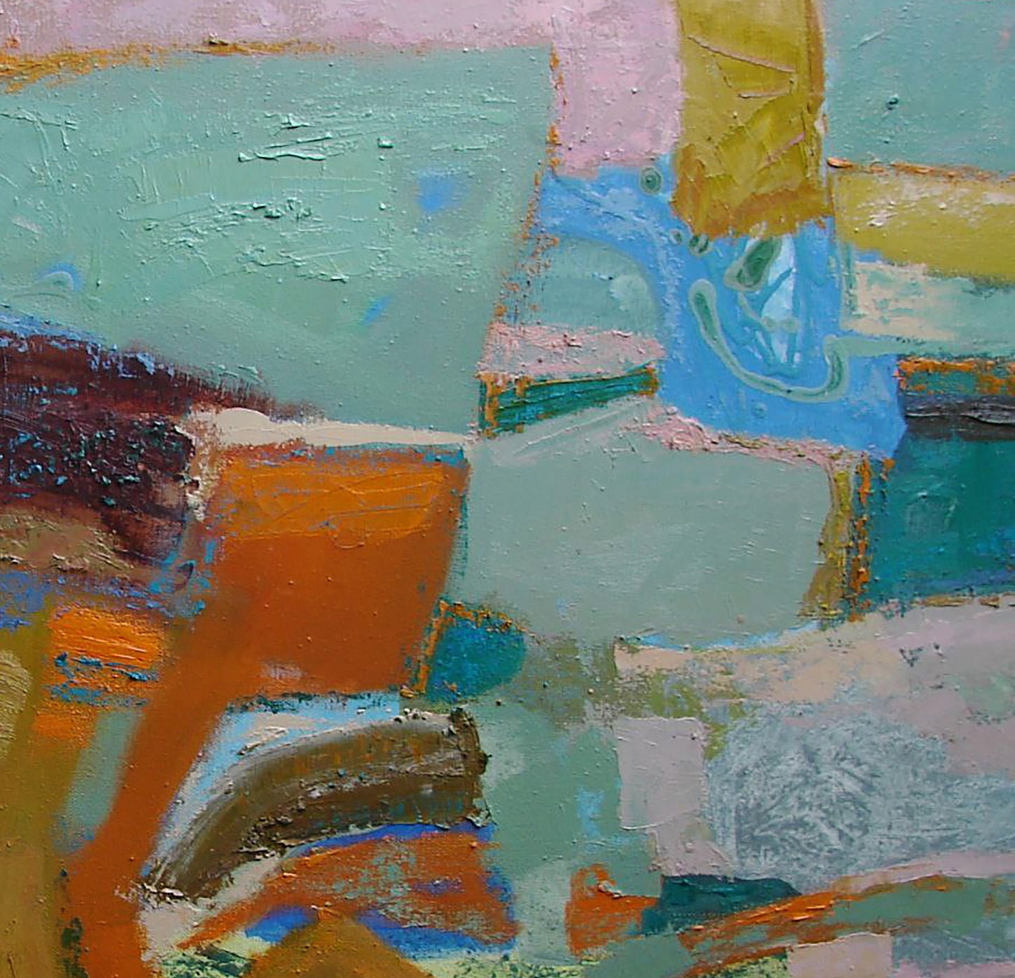 Abstract oil painting by Tatyana Shulyak with mint geometric teal orange tones