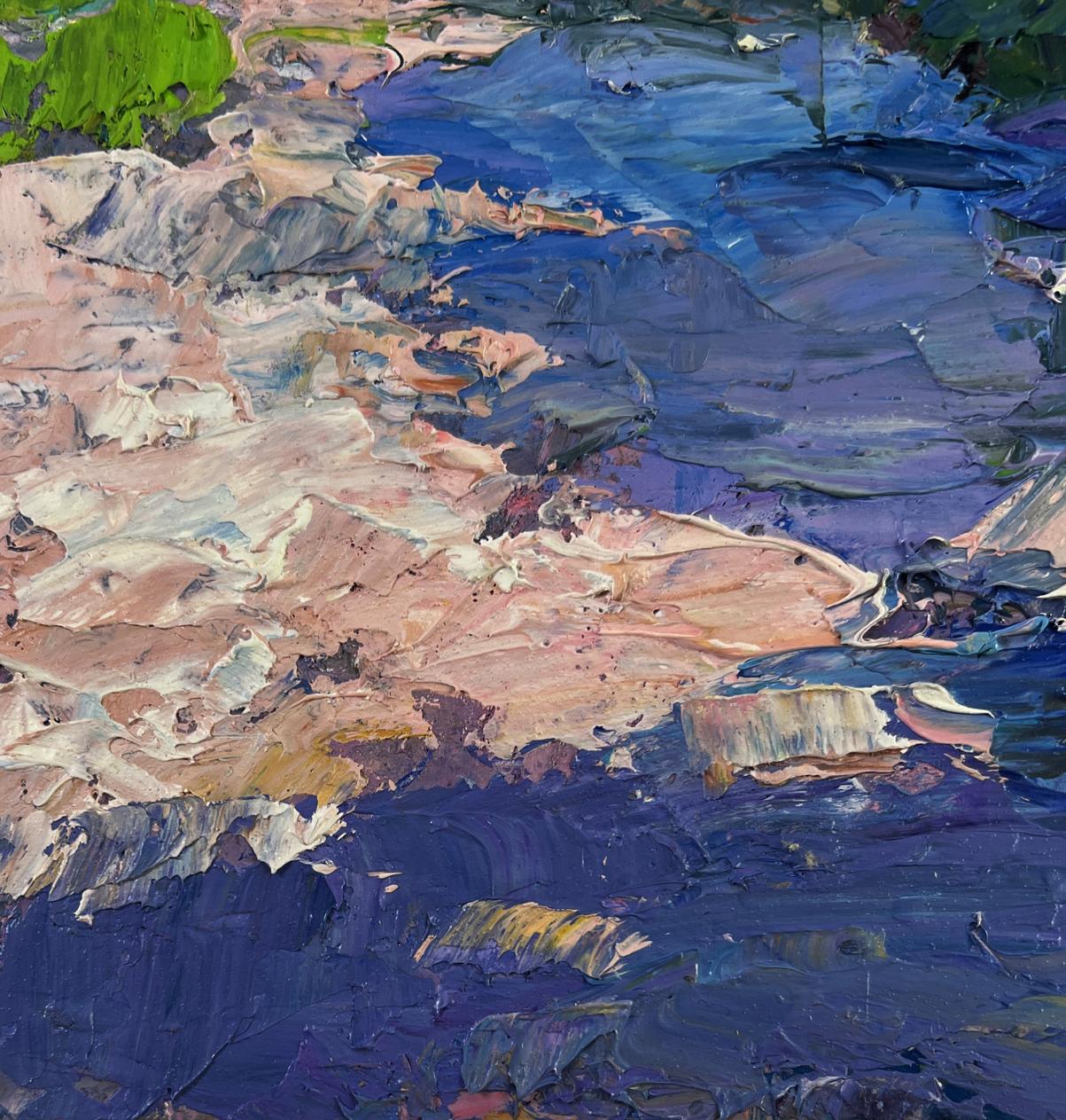 Impasto oil painting of mountain river in forest by Boris Serdyuk