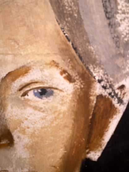 Weathered beige wooden face sculpture in Oil painting Moms portrait Leonid Stil
