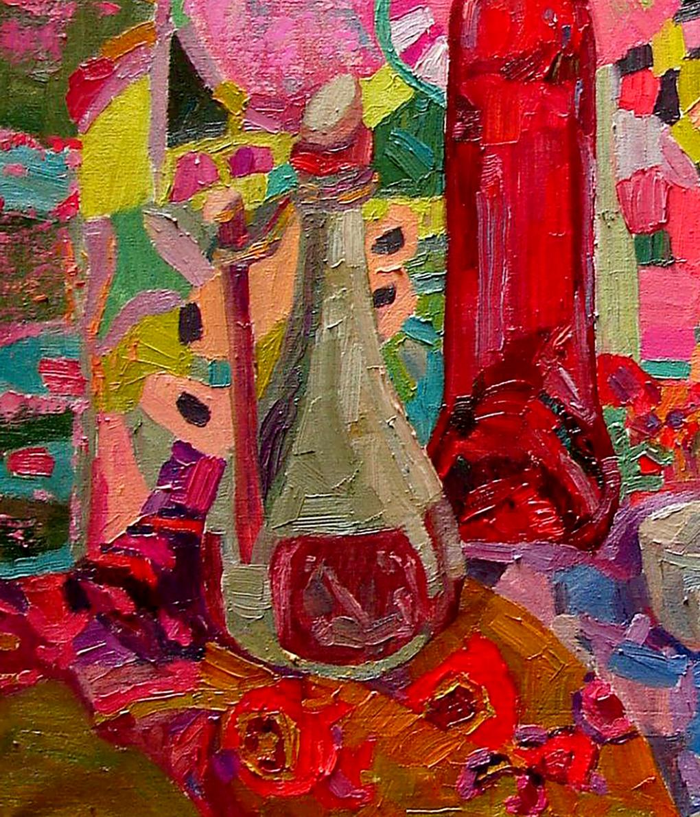 Oil painting still life with textured light green glass bottle of red liquid by Tatyana Shulyak