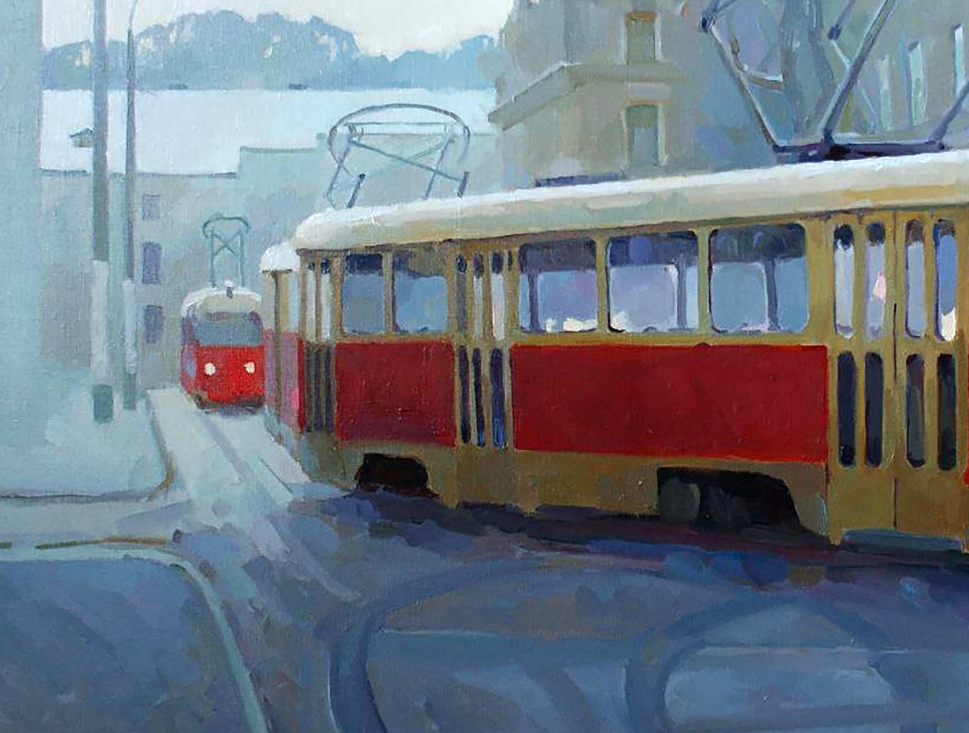 Vintage yellow red tram oil painting Winter morning in city by Anastasia Yaroshevich