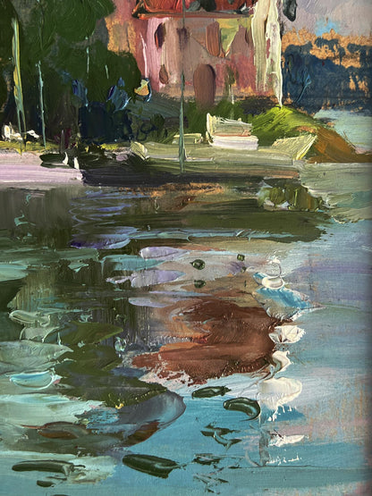 Oil painting Houses by the river by Yuriy Suprunchuk, textured pink building in rippling water