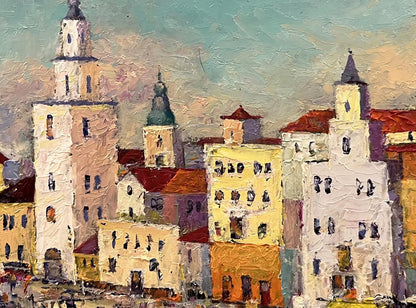 Oil painting of Italian coastal town by Serhiy Rybak with pastel buildings
