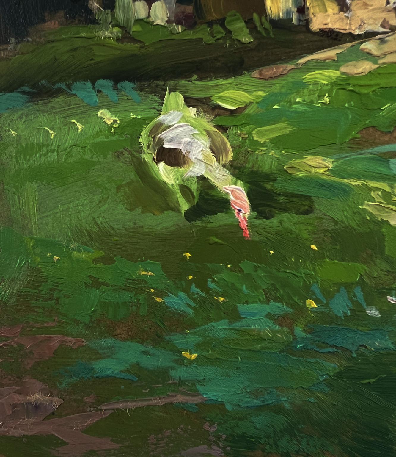 Oil painting of textured duck with green white feathers in emerald water by Yuriy Suprunchuk