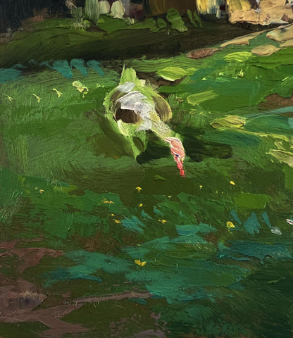 Oil painting of textured duck with green white feathers in emerald water by Yuriy Suprunchuk