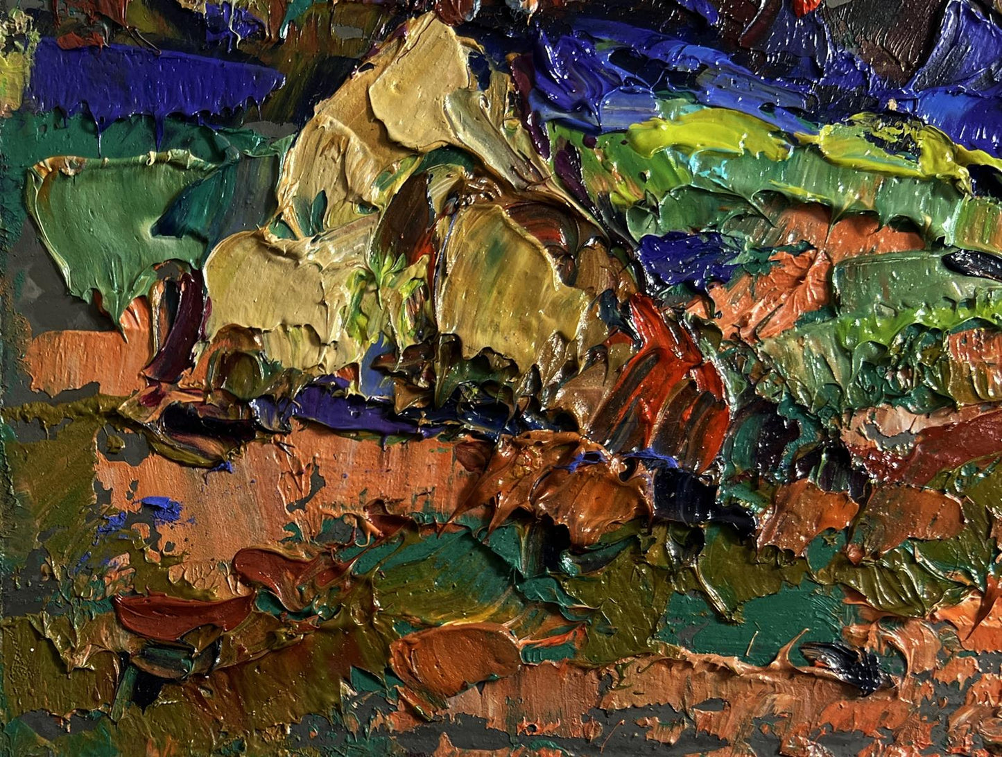 Oil painting Outside the Village by Oleksiy Ivanyuk, textured abstract landscape