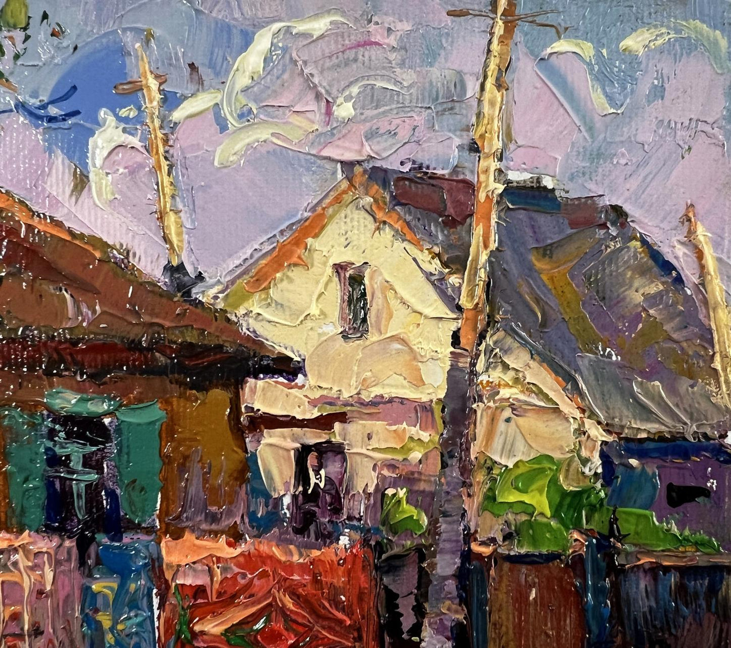 Oil painting Weekend in the village by Oksana Ivanyuk vibrant village scene