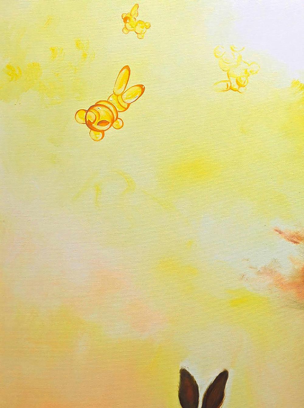Golden cartoon bunny figurines on yellow peach gradient, Igor Konovalov hare painting