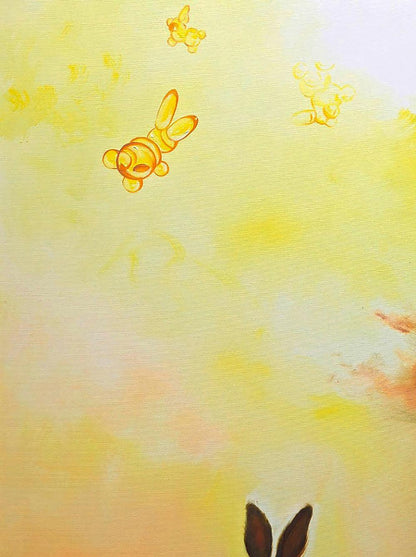 Golden cartoon bunny figurines on yellow peach gradient, Igor Konovalov hare painting