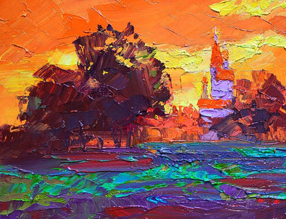 Vibrant Evening oil painting by Boris Serdyuk: impressionist coastal scene