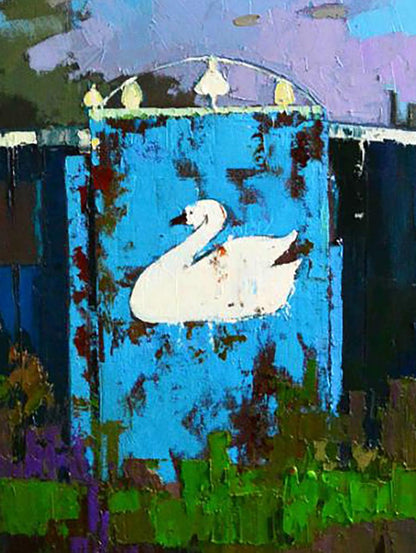 Oil painting Time Passes by Natalia Korf-Ivaniuk: white swan on weathered blue gate